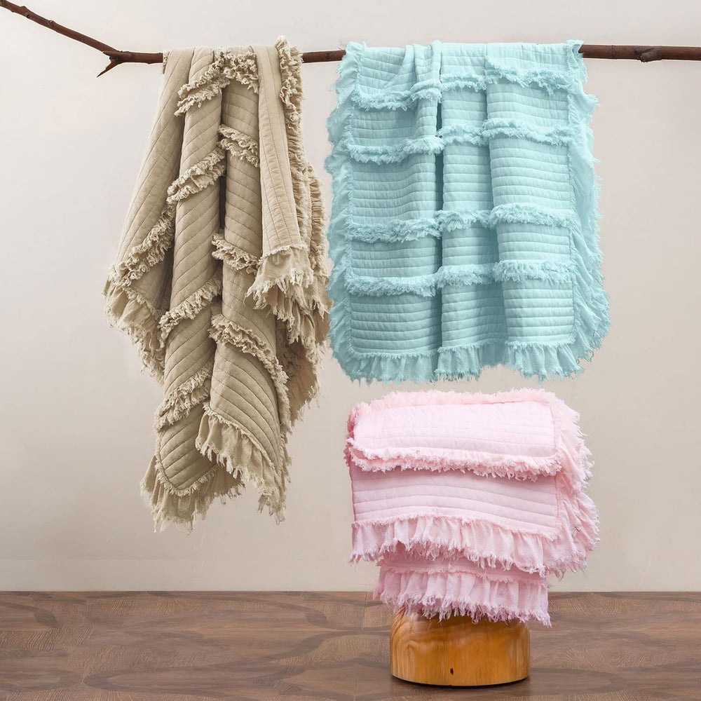Ultra Soft Pre-Washed Quilted Boho Queen Size Blankets for Bed, Ruffle Fringe...