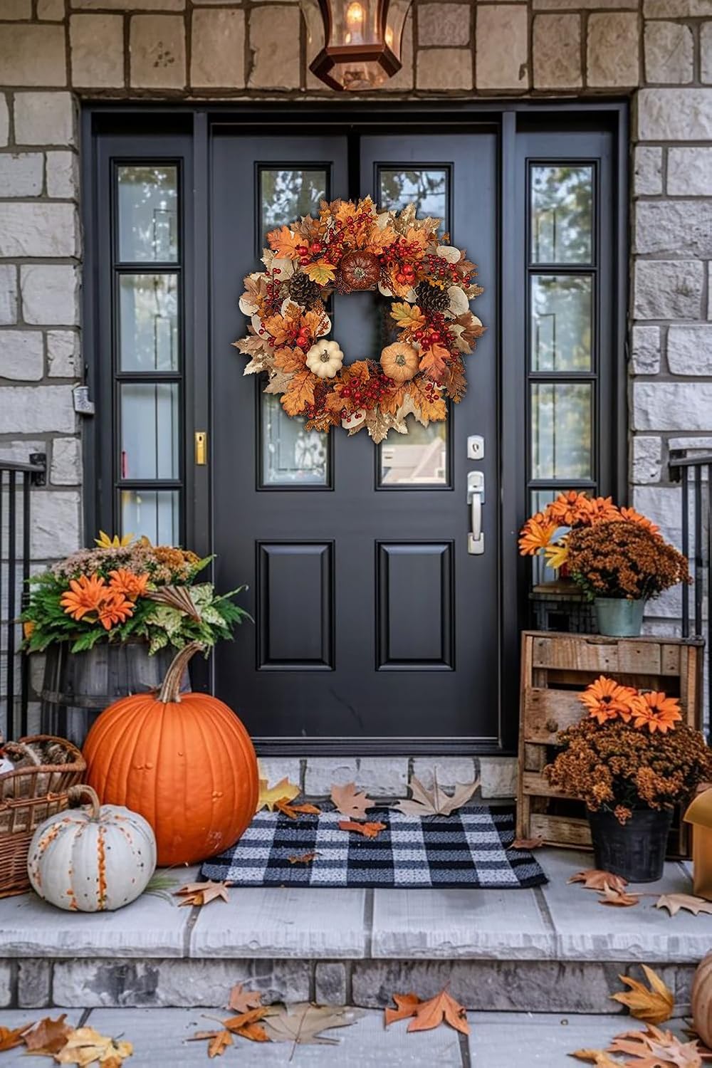 22" Artificial Fall Wreath for Front Door Autumn Harvest Wreath with Pum...