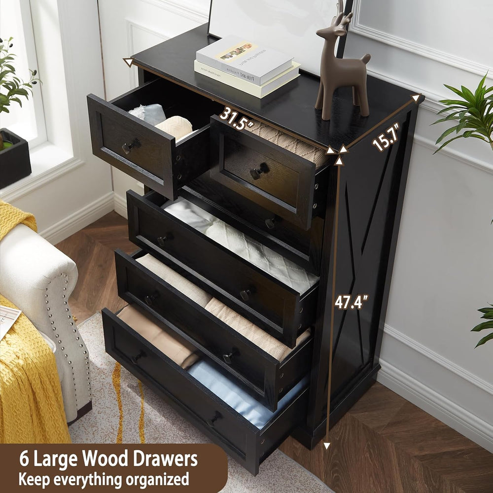 Farmhouse 6 Drawers Dresser Chests for Bedroom, Black 6 Chest of Drawers