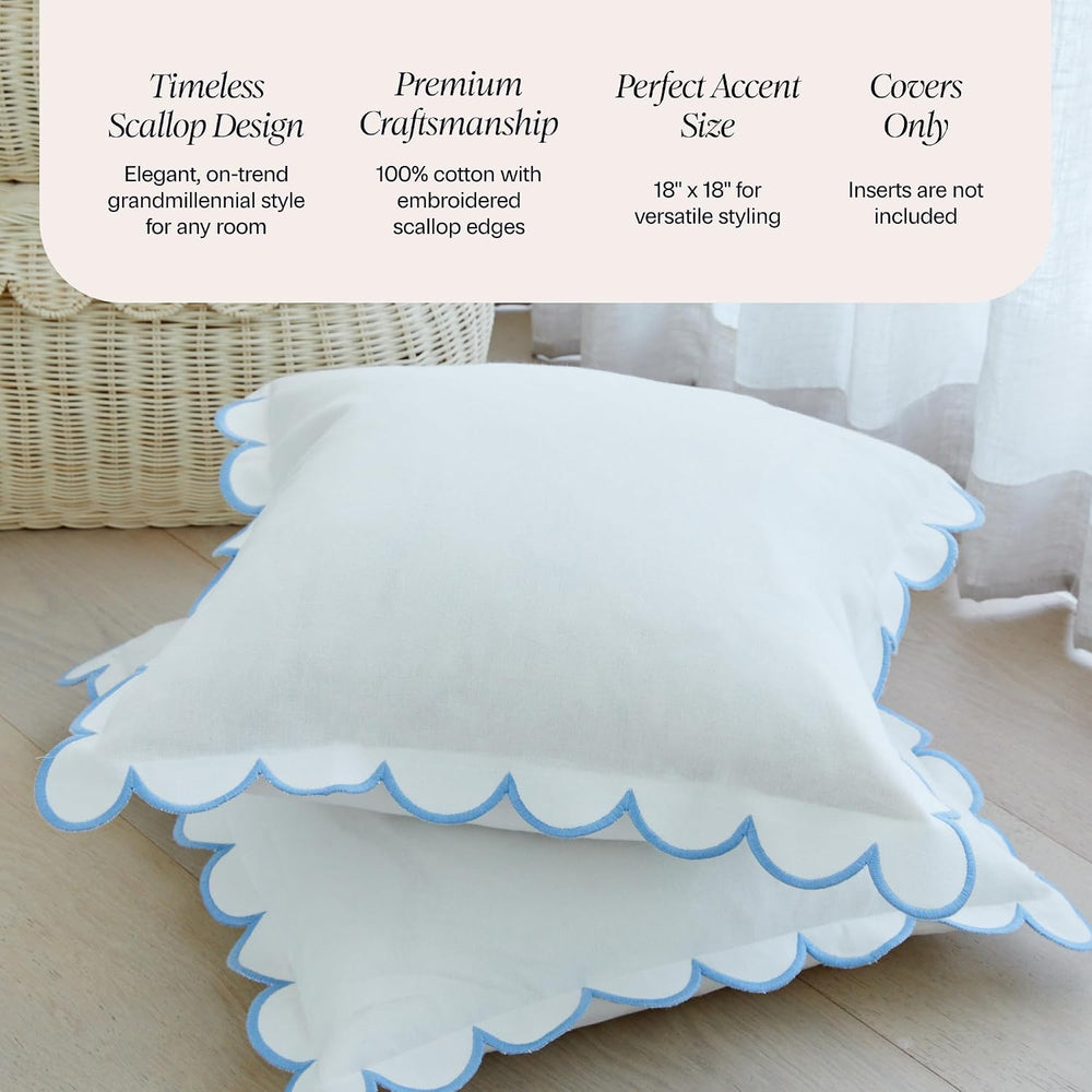 BEBE BASK Scalloped Pillow Cover Set of 2, 18x18, 100% Cotton - White/Blue