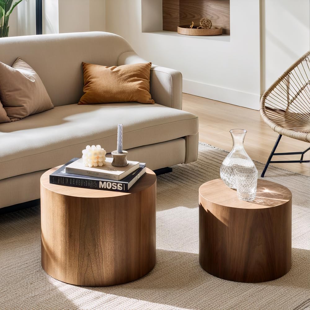 Nesting Coffee Table Set of 2, Modern Round Coffee Table with Non-Slip Feet, ...