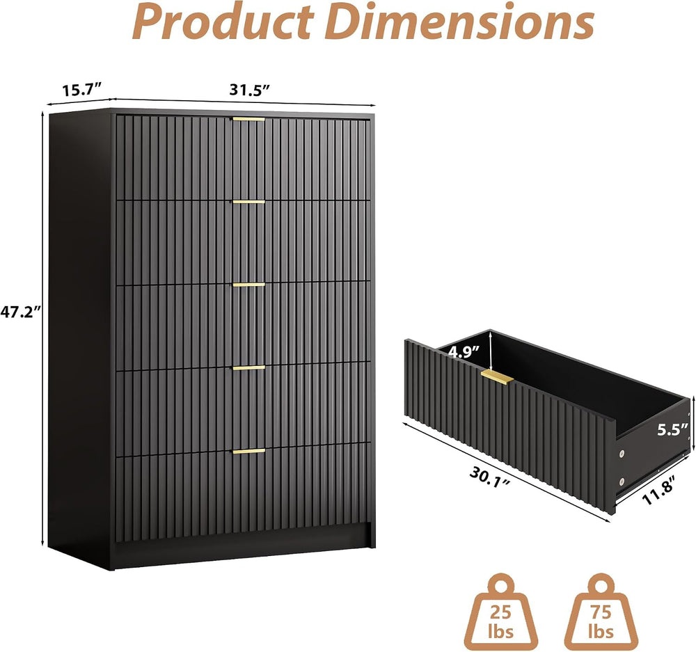 Black 3-Piece Bedroom Set, 5-Drawer Dresser & 2-Drawer Nightstands