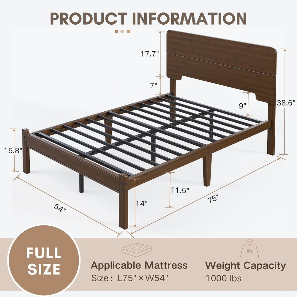 14" Solid Bamboo Wood Full Size Platform Bed Frame with Headboard