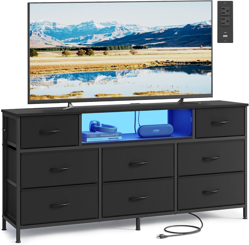SONGMICS Dresser for Bedroom with Outlets & LED Lights, 8 Fabric Drawers