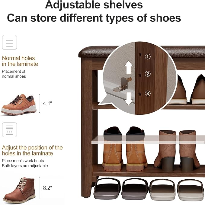 Shoe Bench with Leather Cushion, 3 Tiers Shoe Storage Bench Height Adjustable...