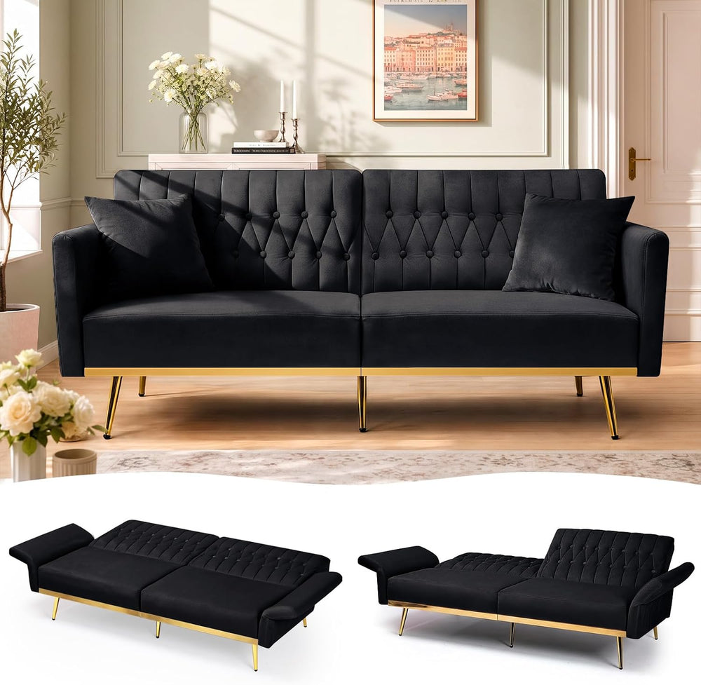 70” Velvet Futon Sofa Bed w/Adjustable Armrests, Black