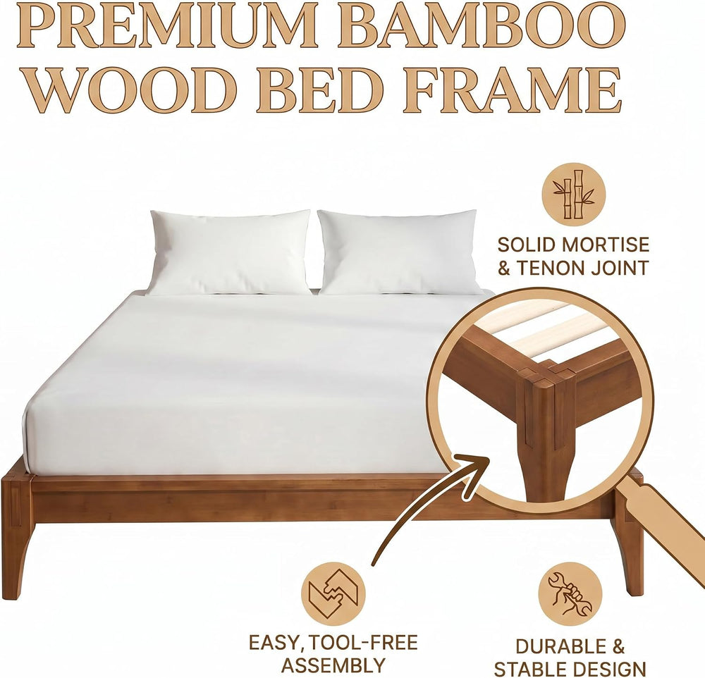 12 Inch Full Solid Bamboo Wood Platform Bed Frame with Wooden Slats