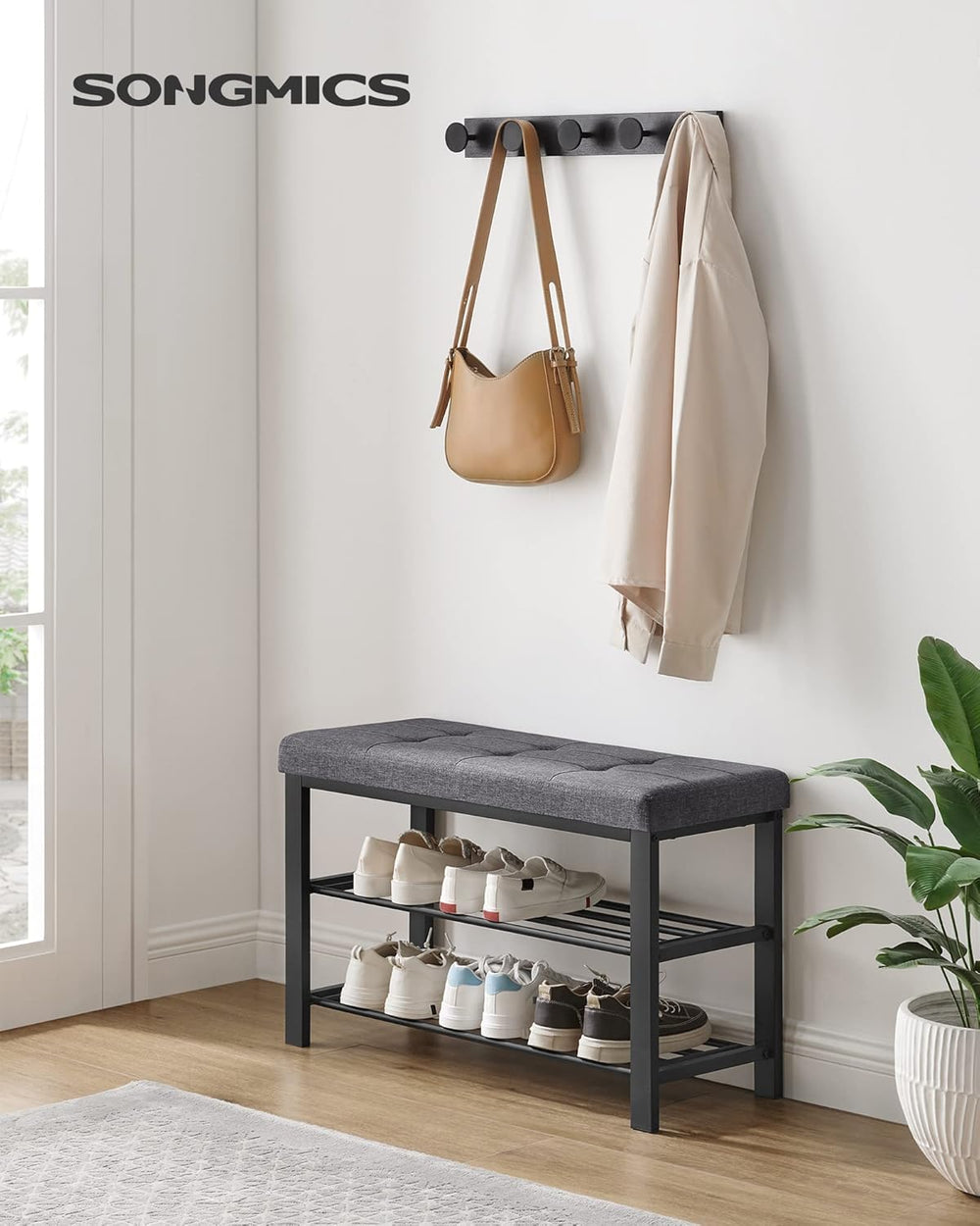SONGMICS Shoe Bench, Storage Bench, Entryway Bench with Cushion, Shoe Shelf w...