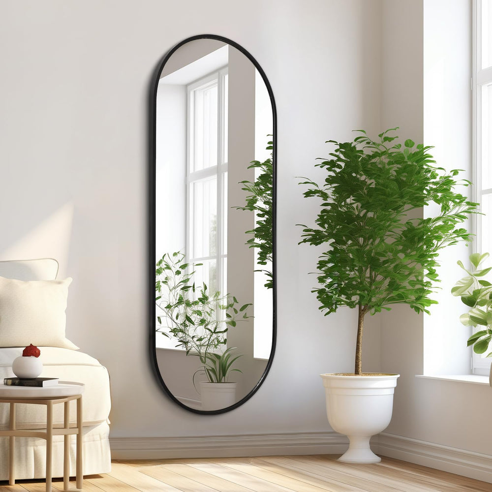 Black Oval Bathroom Full Length Mirror, 48x16'' Pill Shaped Oblong Va...