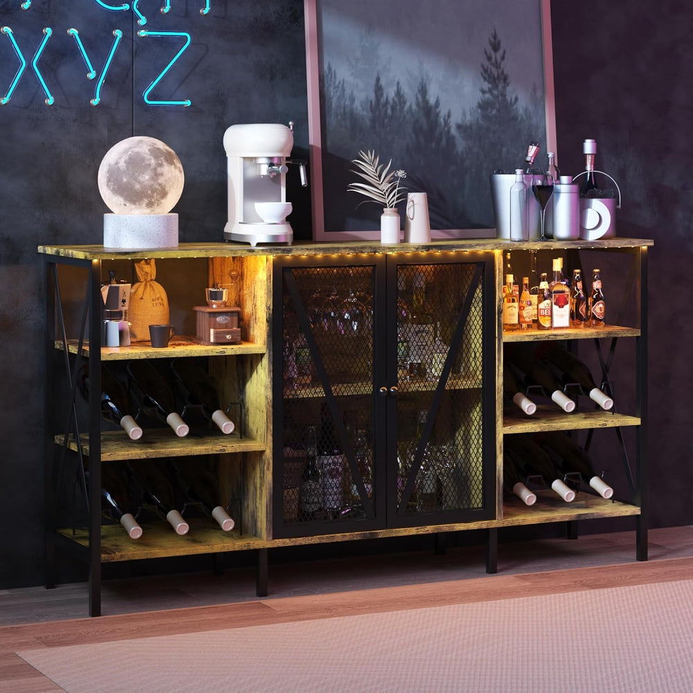 Takywep Farmhouse Industrial Wine Bar Cabinet with LED Light – Freestanding S...