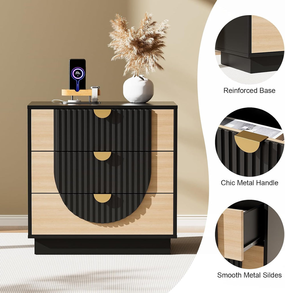 3 Drawer Nightstand with Charging Station, 28" Fluted Night Stand & ...