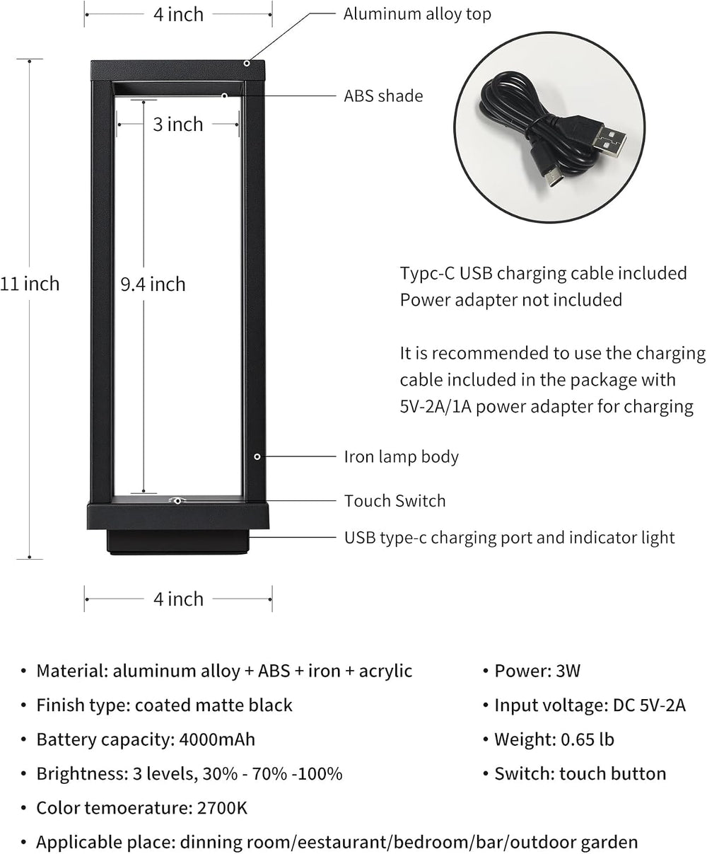 Cordless Waterproof Table Lamps Set of 2, Black LED Outdoor Desk Lamp