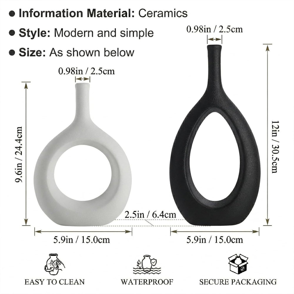 Black and White Ceramic Hollow Elliptical Vase Set of 2 - Boho Circle Vase wi...