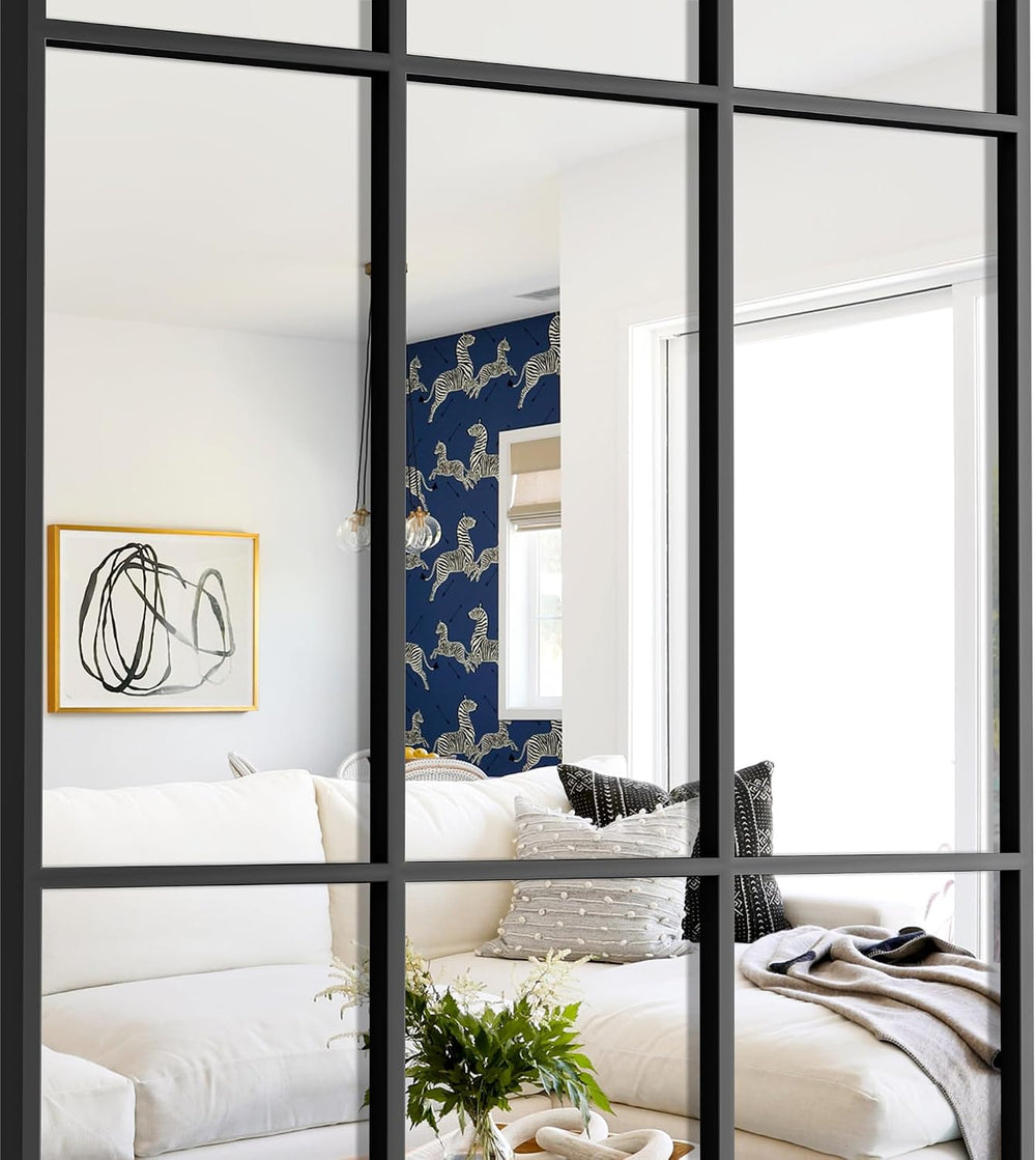 Full Length Mirror, 65"x22" Standing Windowpane Wall Mirror (Black)