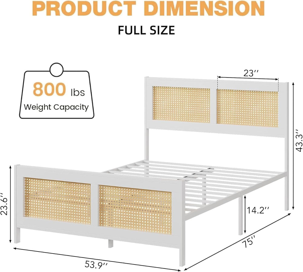 IDEALHOUSE Rattan Bed Frame with Headboard, Boho Full Size Bed Frame, White