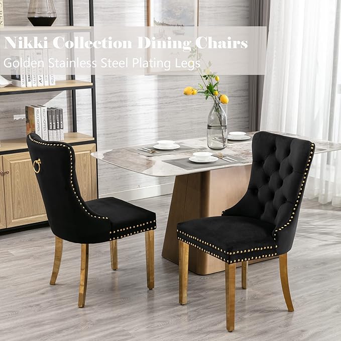 Black Dining Chairs Set of 2, Velvet Upholstered Dining Room Chairs with Back...