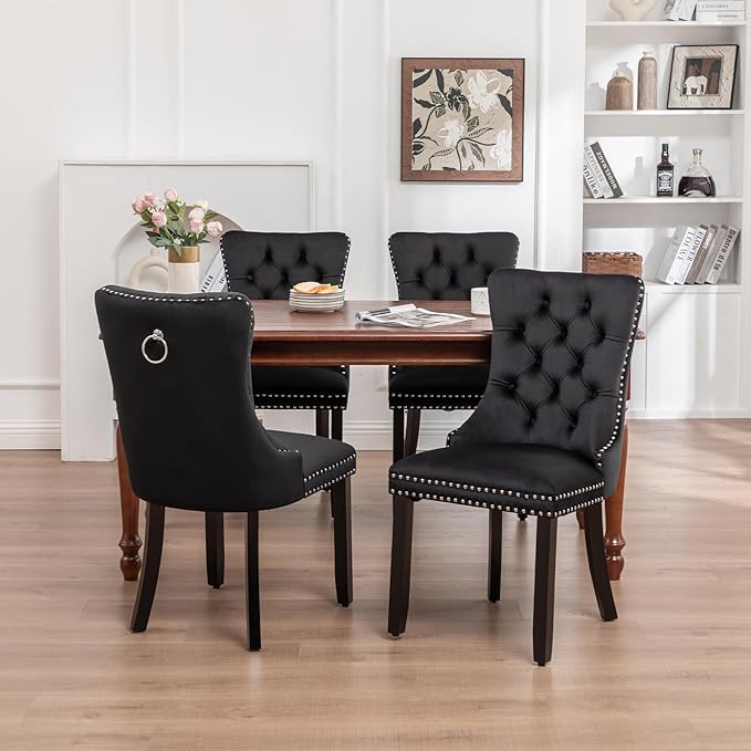 Velvet Dining Chairs Set of 4,Upholstered Dining Chairs with Ring Pull Trim a...