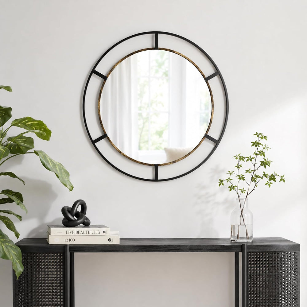 30 Inch Round Wall Mirror, Black & Antique Gold, Bathroom, Entryway