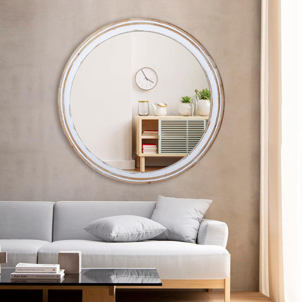 30 Inch Farmhouse Round Wall Mirror, Rustic Wood Decorative Circle Mirrors