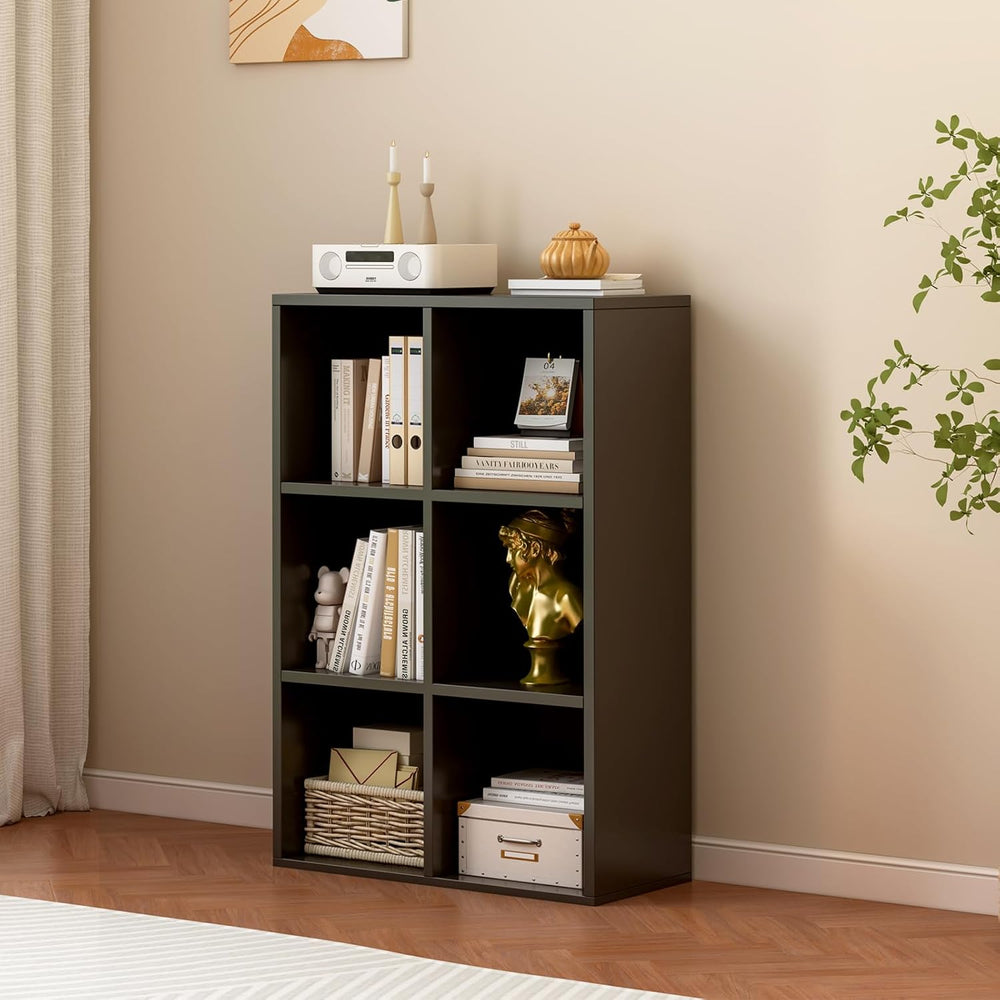 6-Cube Storage Shelf Bookcase - Wooden 3-Tier Floor Standing Open Bookshelf f...