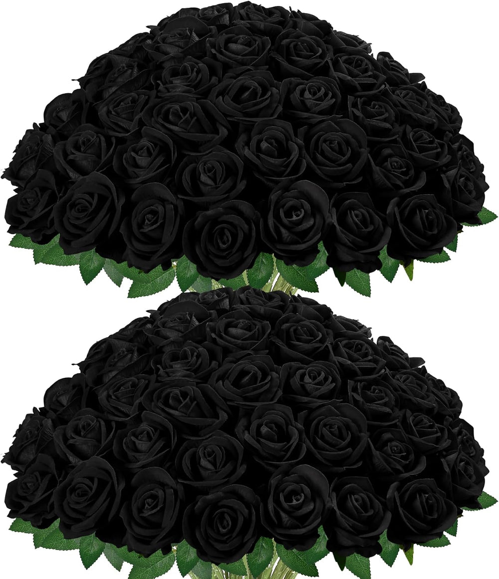InnoGear Black Roses Artificial Flowers 50 Pcs Fake Velvet Silk Rose Floral