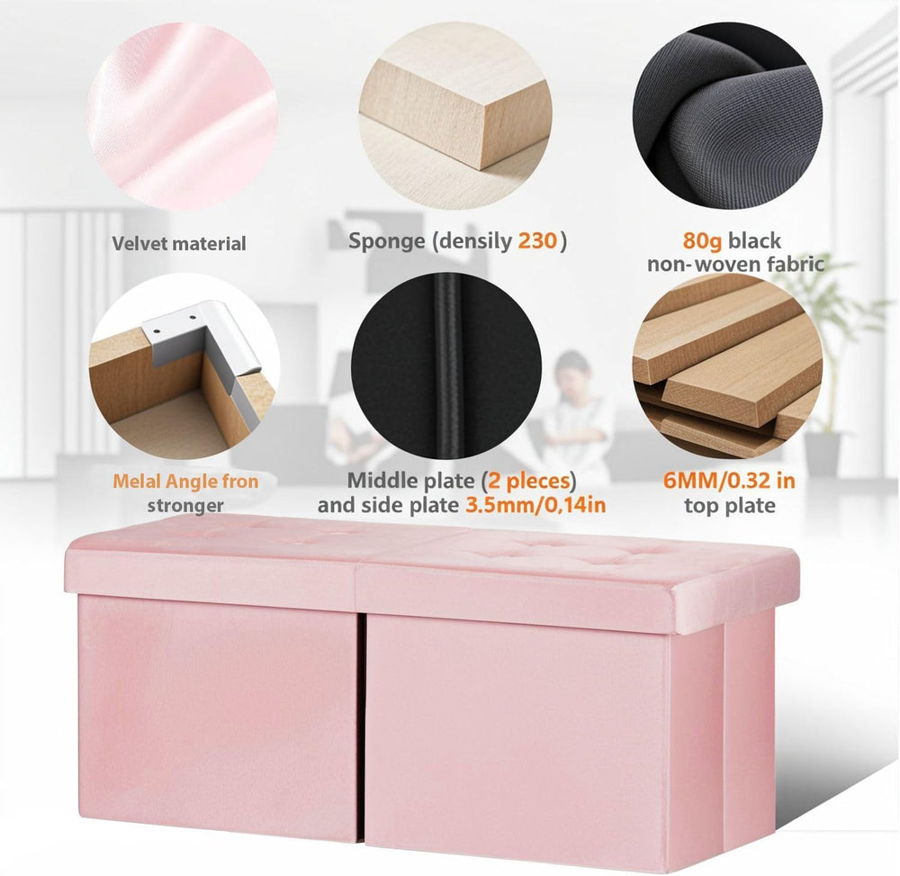 AmasSmile Footrest Ottoman Storage Bench,34" Velvet Folding Chest,Pink