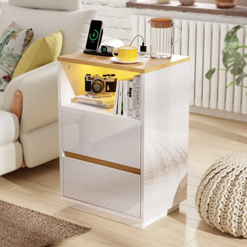 VINGLI White Nightstand with Charging Station, High Gloss Led Night Stand wit...