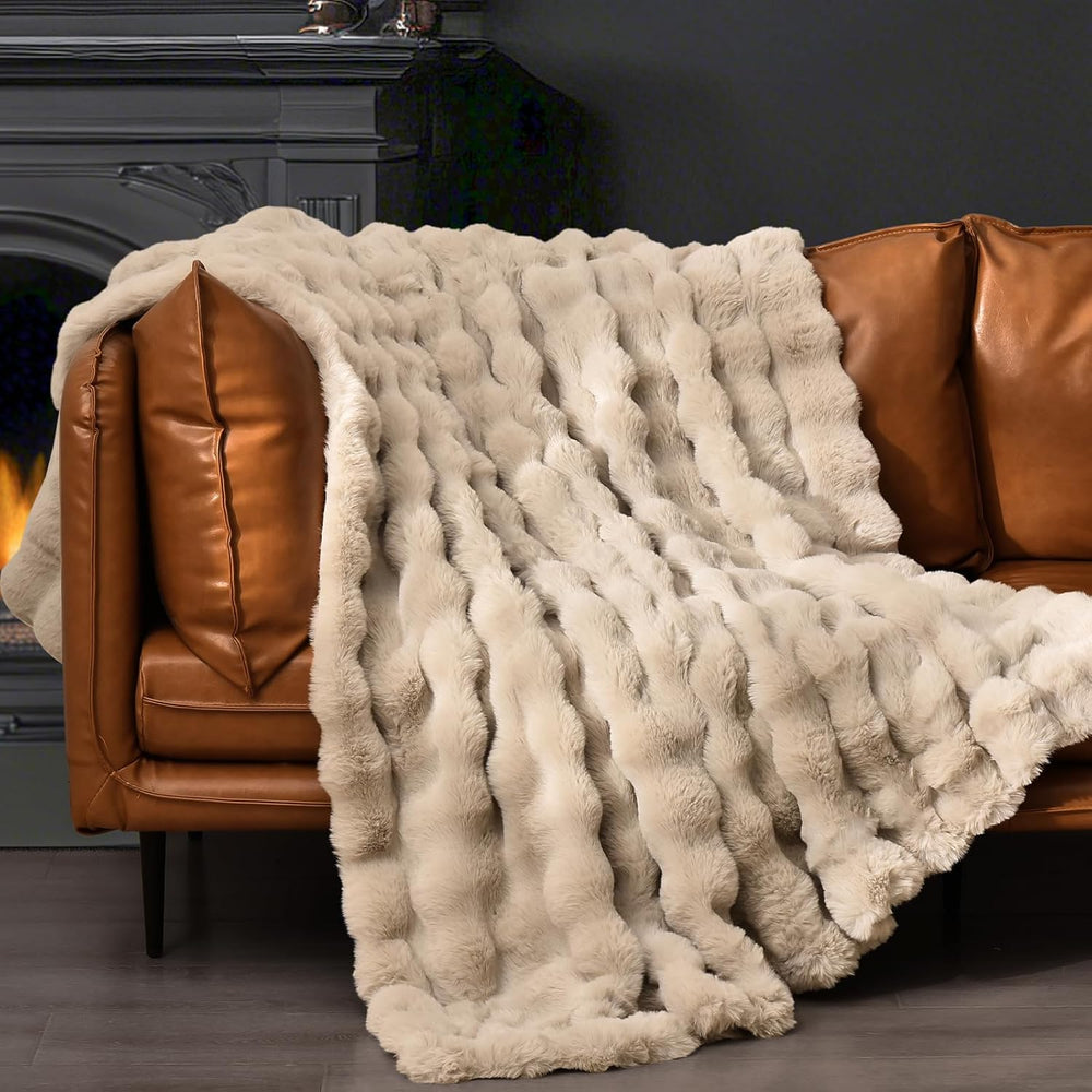 PHF Warm Faux Fur Throw Blanket, Ultra Soft Cozy, 50"x60", Oak
