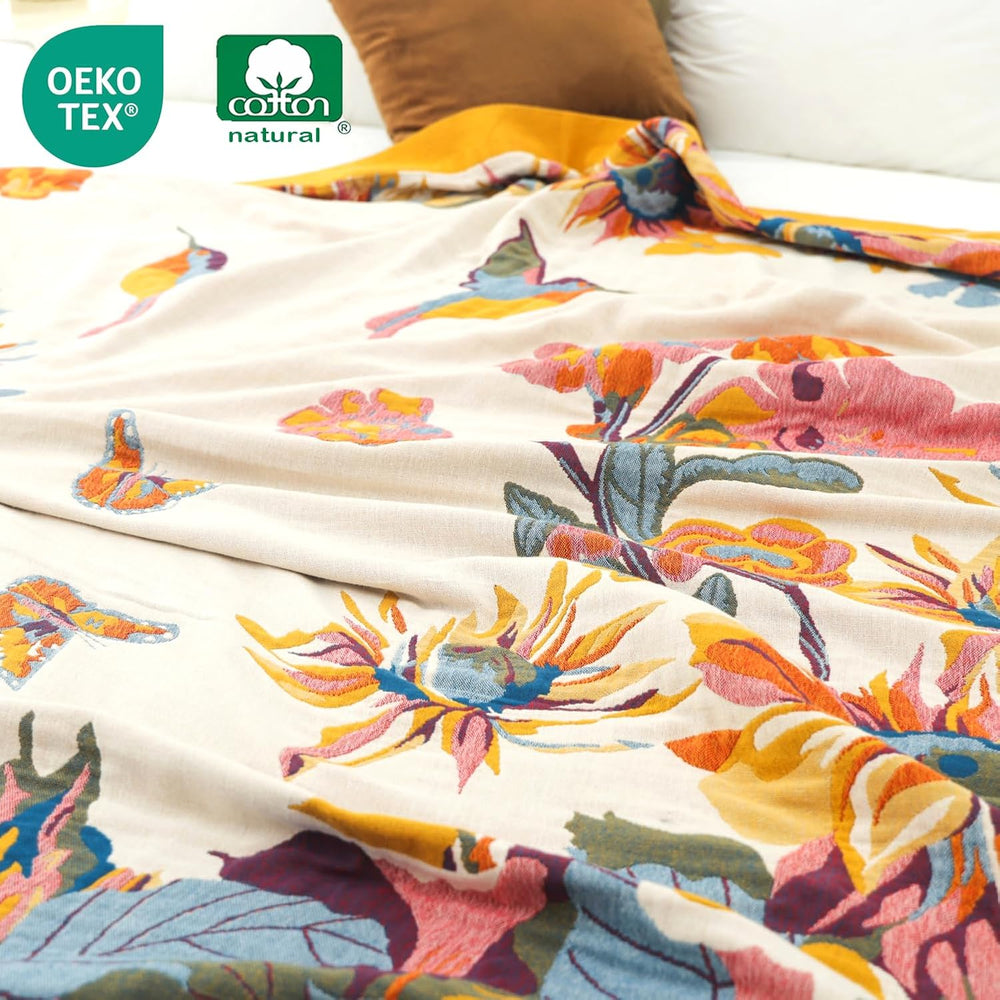 Boho Throw Blanket 100% Organic Cotton 60x80 for Bed Couch, Floral