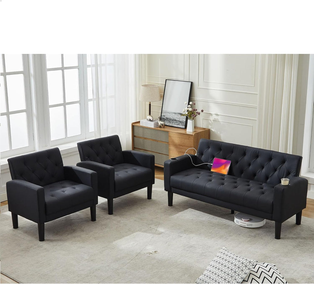 TYBOATLE Mid-Century Modern Tufted Black Faux Leather Loveseat Sofa Set w/ 2 ...