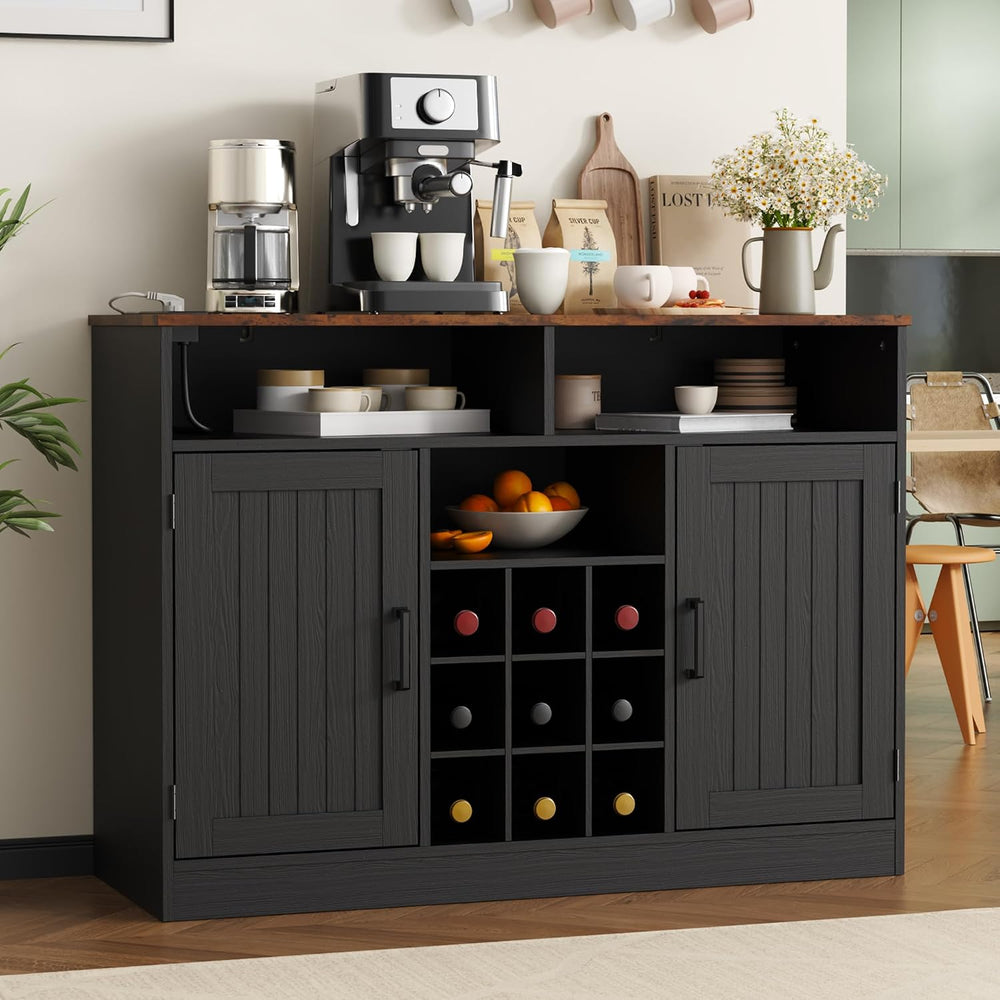 MHOM Farmhouse Coffee Bar Cabinet with Power Outlets, Rustic Buffet Sideboard...