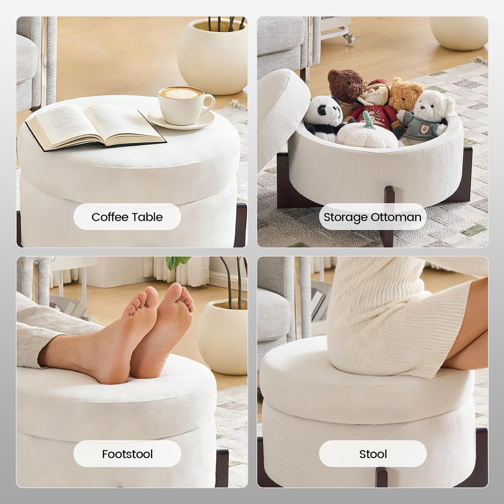 26Inch Round Storage Ottoman, Modern Chenille Upholstered Ottoman with Storag...