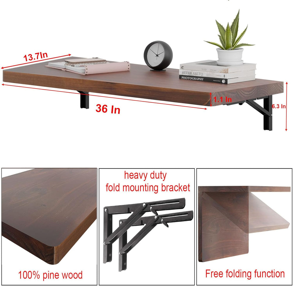 IAE Wall Mounted Folding Table with Pine Wood,36" x 14" Floating Wa...