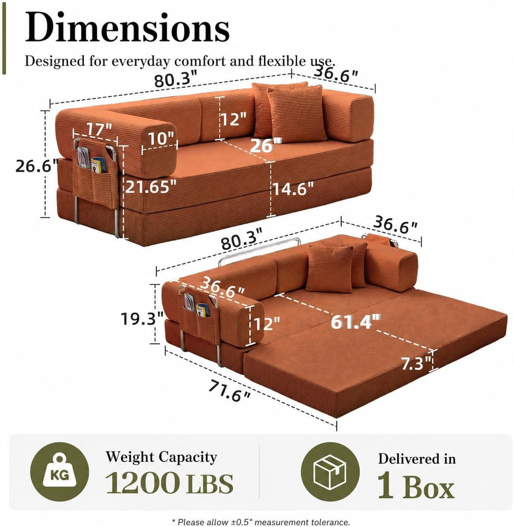 Folding Sofa Bed Convertable Corduroy Couch King Size Floor Sleeper 4-in-1 DI...