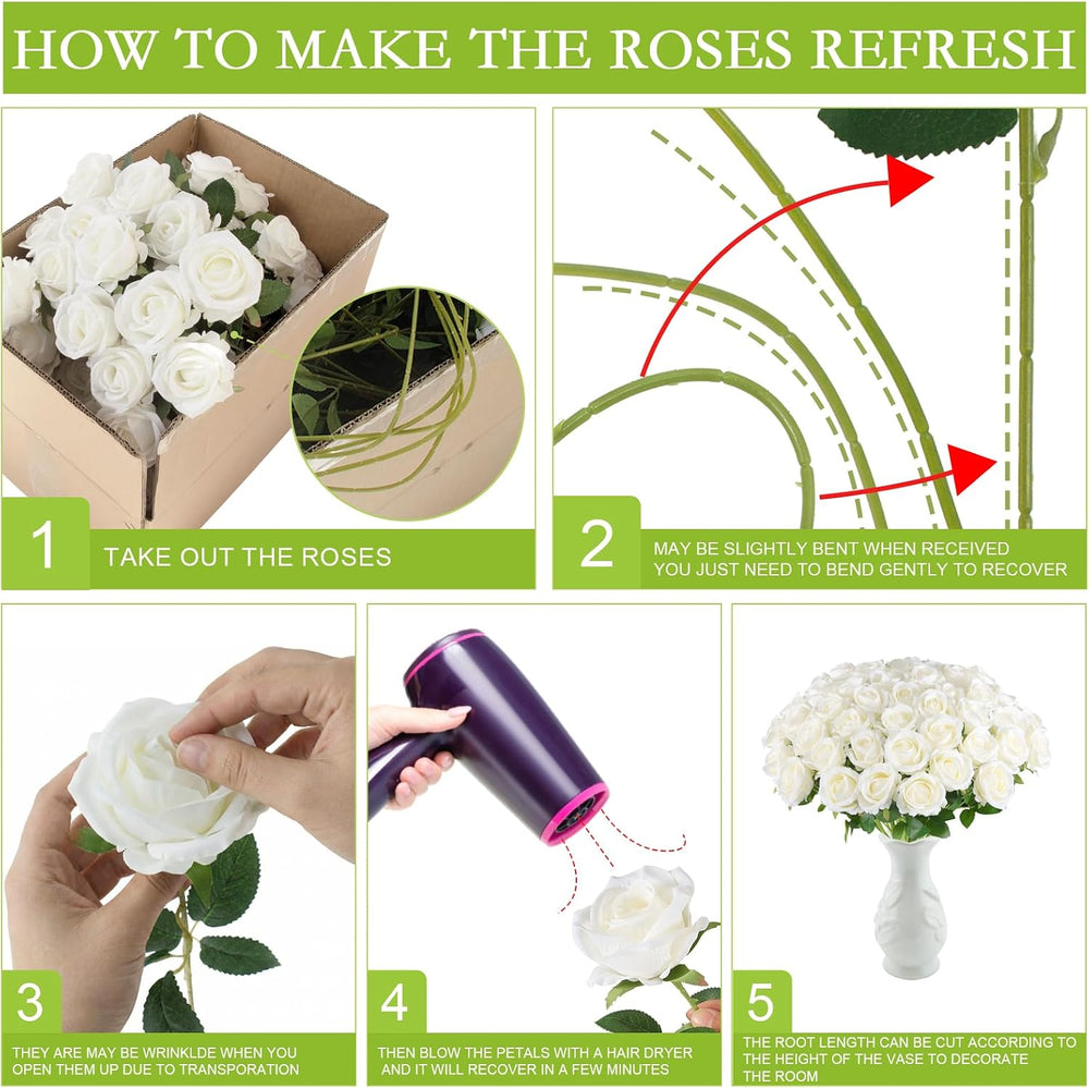 Hananona 50 Pcs Artificial Roses, Realistic Silk Flowers Bulk, White