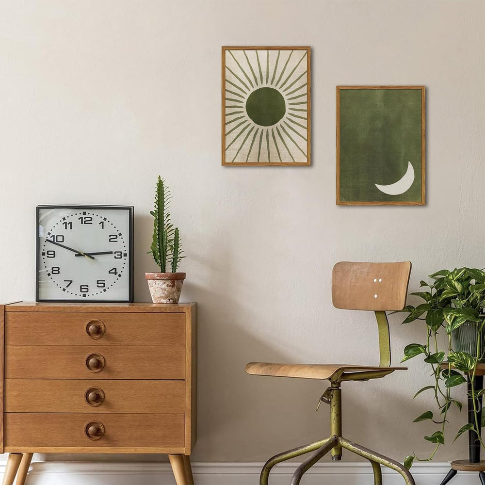 Framed Boho Sun and Moon Canvas Wall Art Set of 2, Vintage Sage Green Bohemia...
