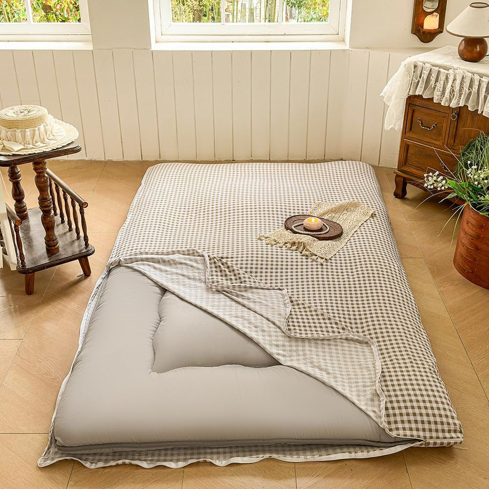 Tan Gingham Queen Japanese Floor Mattress Futon Cover for 3-4" Thick Pad