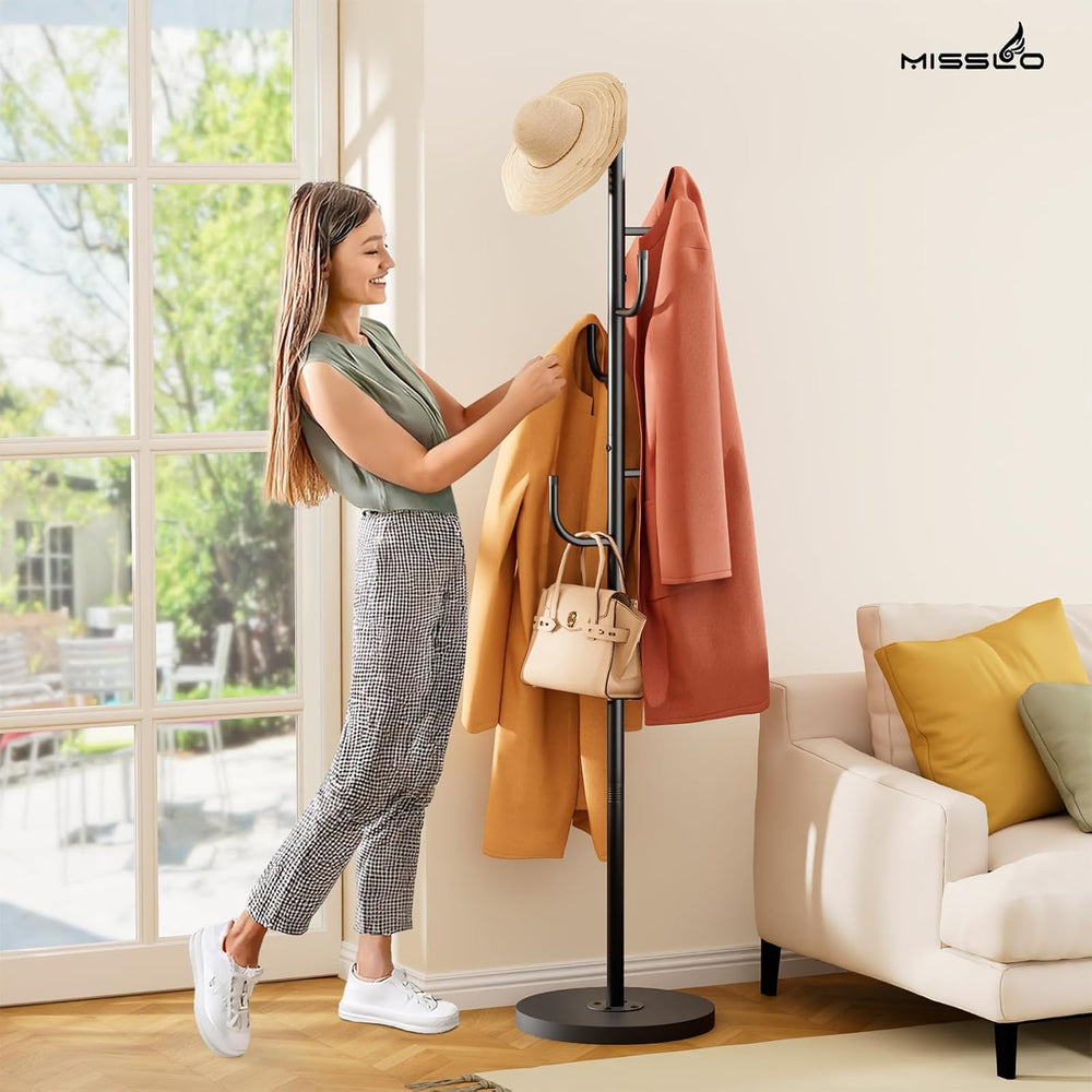 MISSLO Heavy Duty Coat Rack Freestanding with Stable Wood Base Metal Coat Tre...