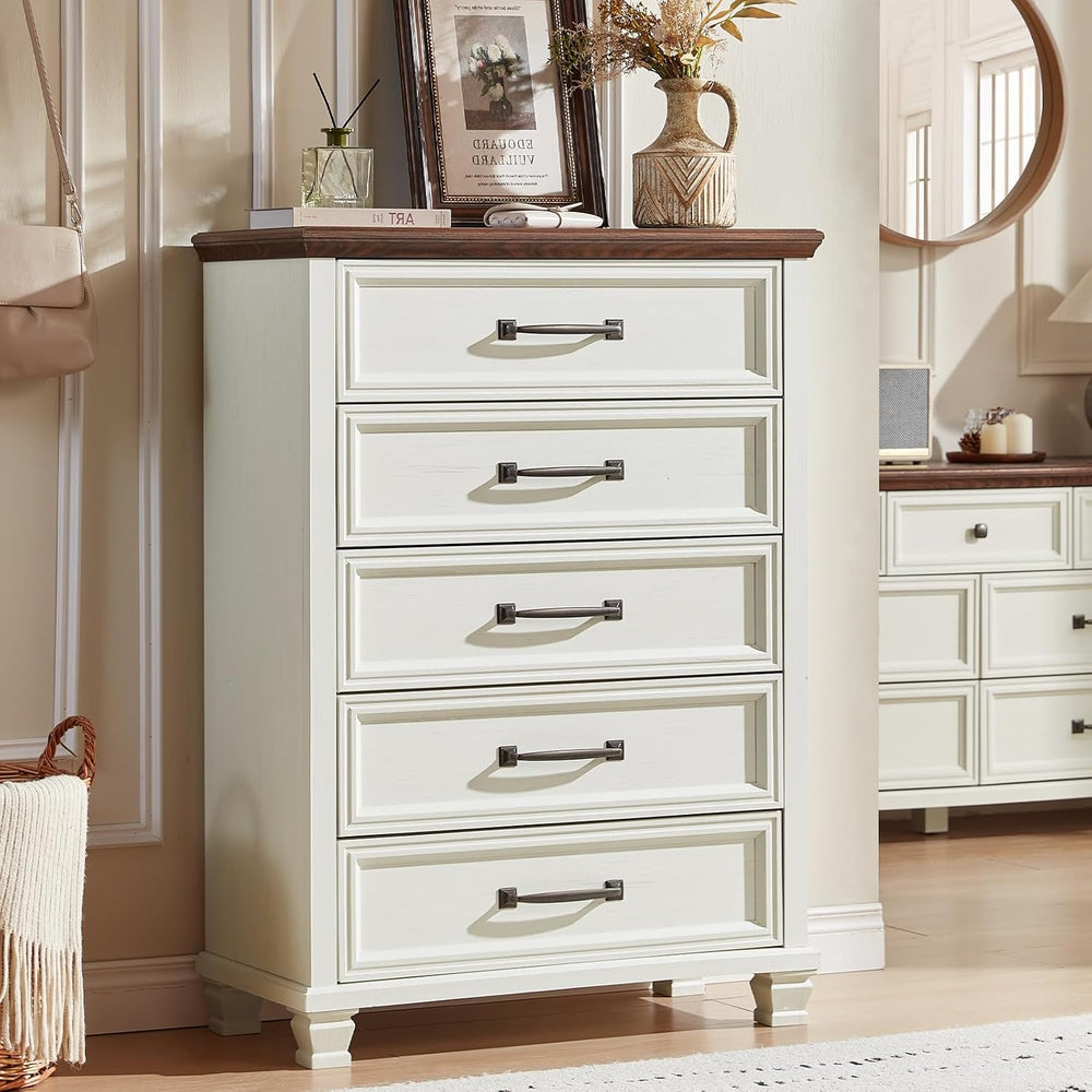 Farmhouse 5 Drawer Dresser for Bedroom, White