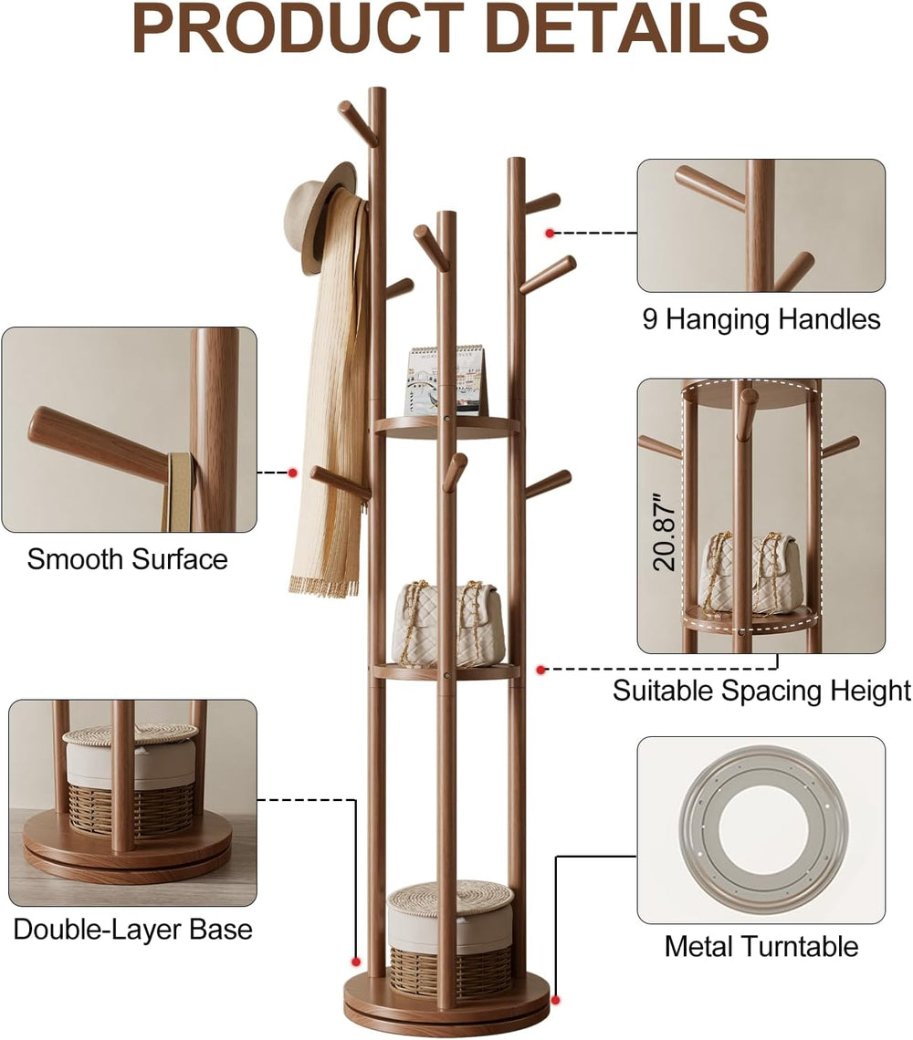 Muwuele Solid Wood Rotary Coat Rack, Freestanding Coat Rack with 3 Shelves an...