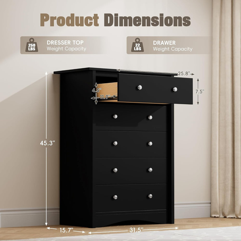 Furmax Tall Dresser, 5 Drawer Dresser for Bedroom, Black