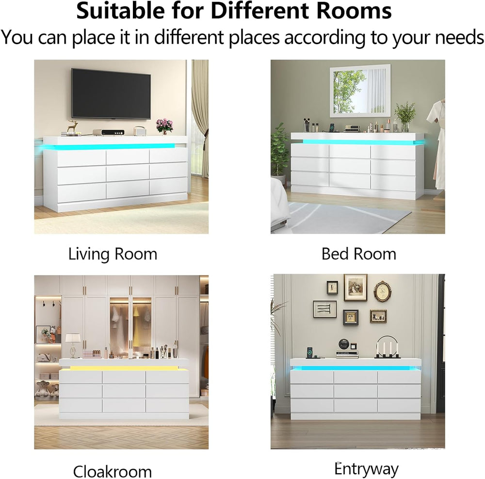 Gyfimoie 9 Drawer Dresser with Power Outlet, Modern Dresser with LED Light