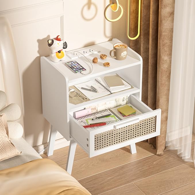 Lerliuo Rattan Nightstands Set of 2 with Charging Station, White Bedside Tabl...