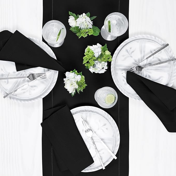 Solino Home Linen Black Table Runner 72 Inches Long - 100% Pure Linen Hemstit...