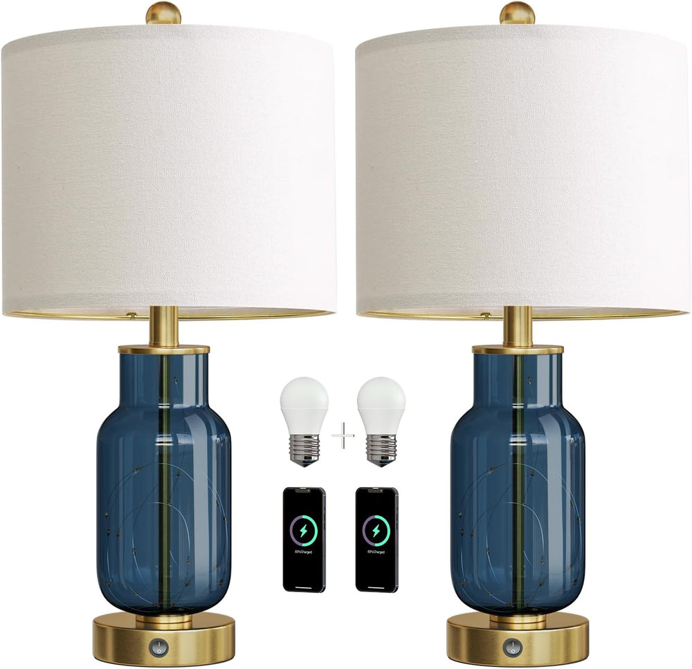 22" Glass Table Lamps Set of 2 with LED Nightlight for Bedroom, Blue