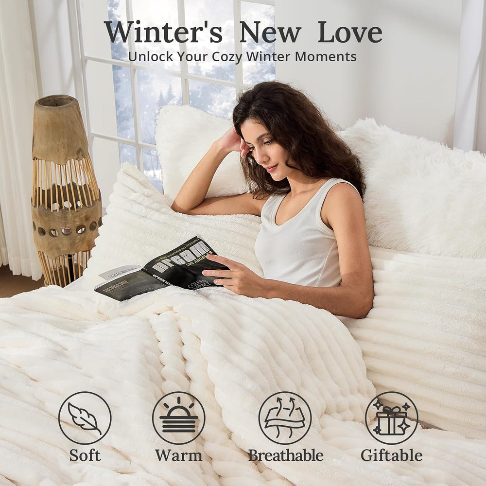 Sasttie Fluffy Queen Comforter Set, 3 PC Soft Fleece Bedding, Cream White