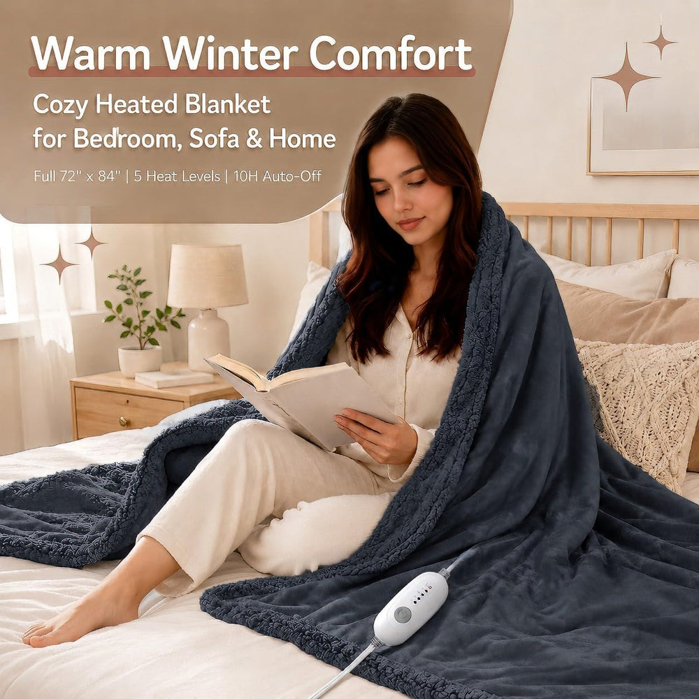 Electric Heated Blanket, Dark Gray, Full 72"x84", Flannel and Sherpa