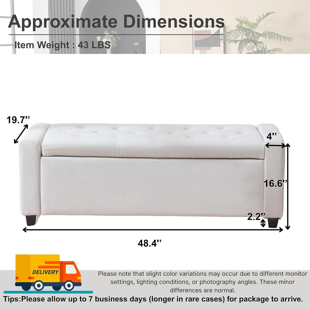 Storage Bench for Bedroom, 48.4'' End of Bed Beige Ottoman Lined Fabr...