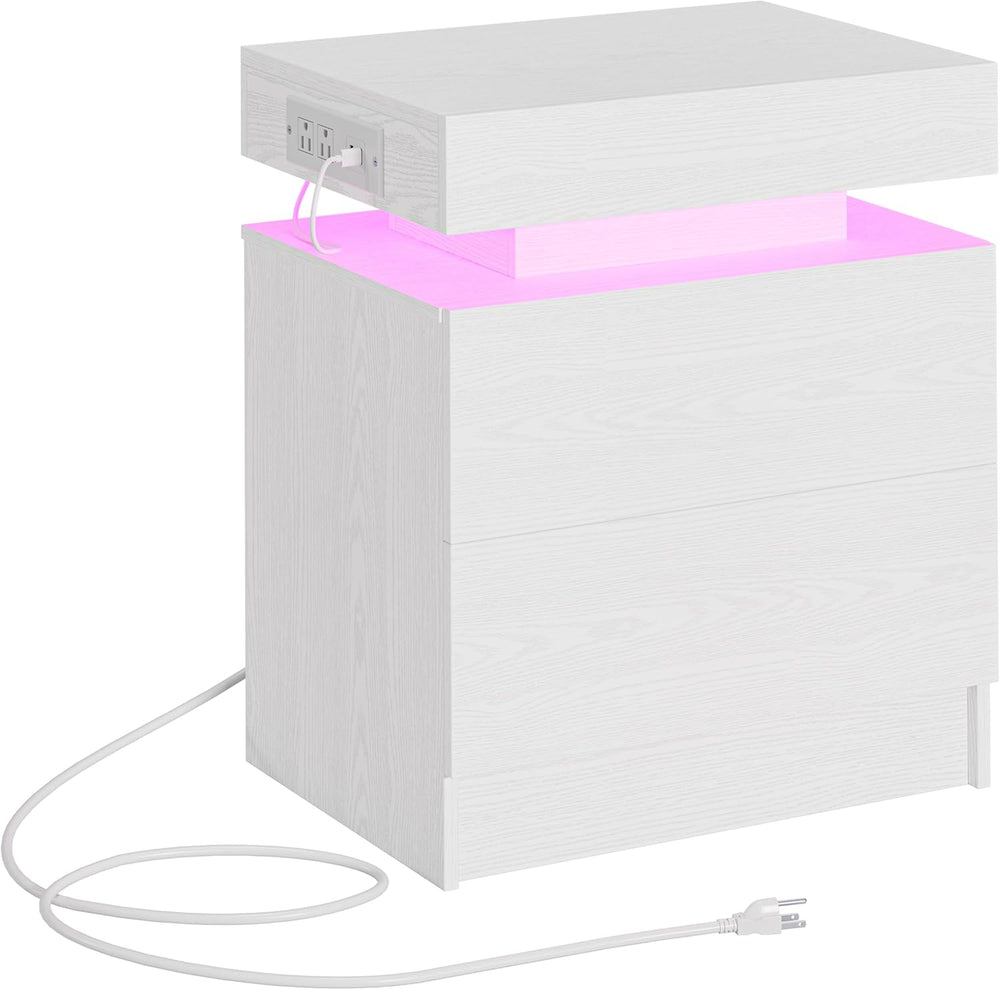 LIKIMIO Night Stand with Charging Station, Modern White Nightstand with LED L...