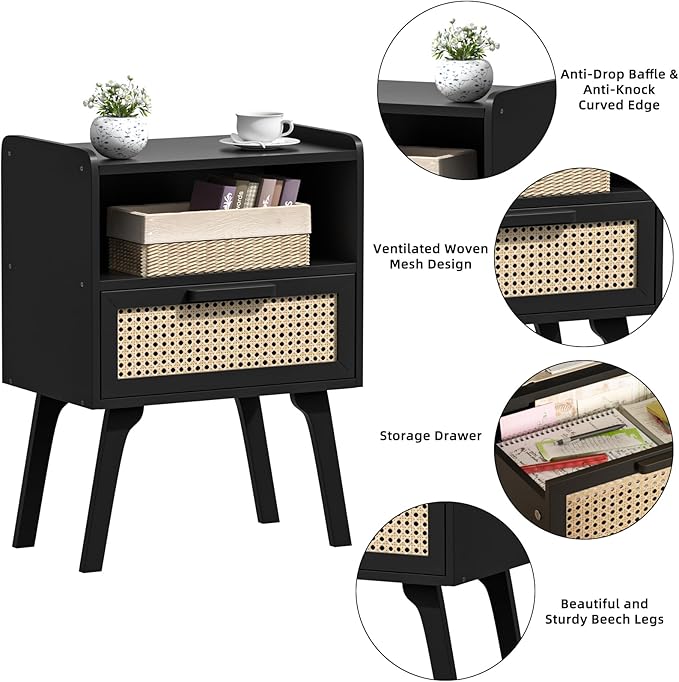 Lerliuo Rattan Nightstands Set of 2, Bedside Table with Drawer Open Shelf, Ca...